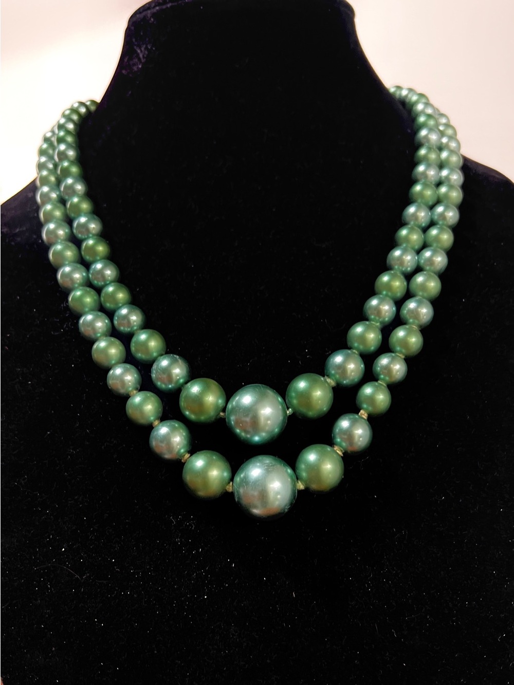 JAPAN- Luminous Green Double-Strand Pearl Necklace